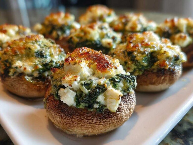 Close-up of baked Spinach and Feta Stuffed Mushrooms with golden-brown, cheesy tops served on a white platter.