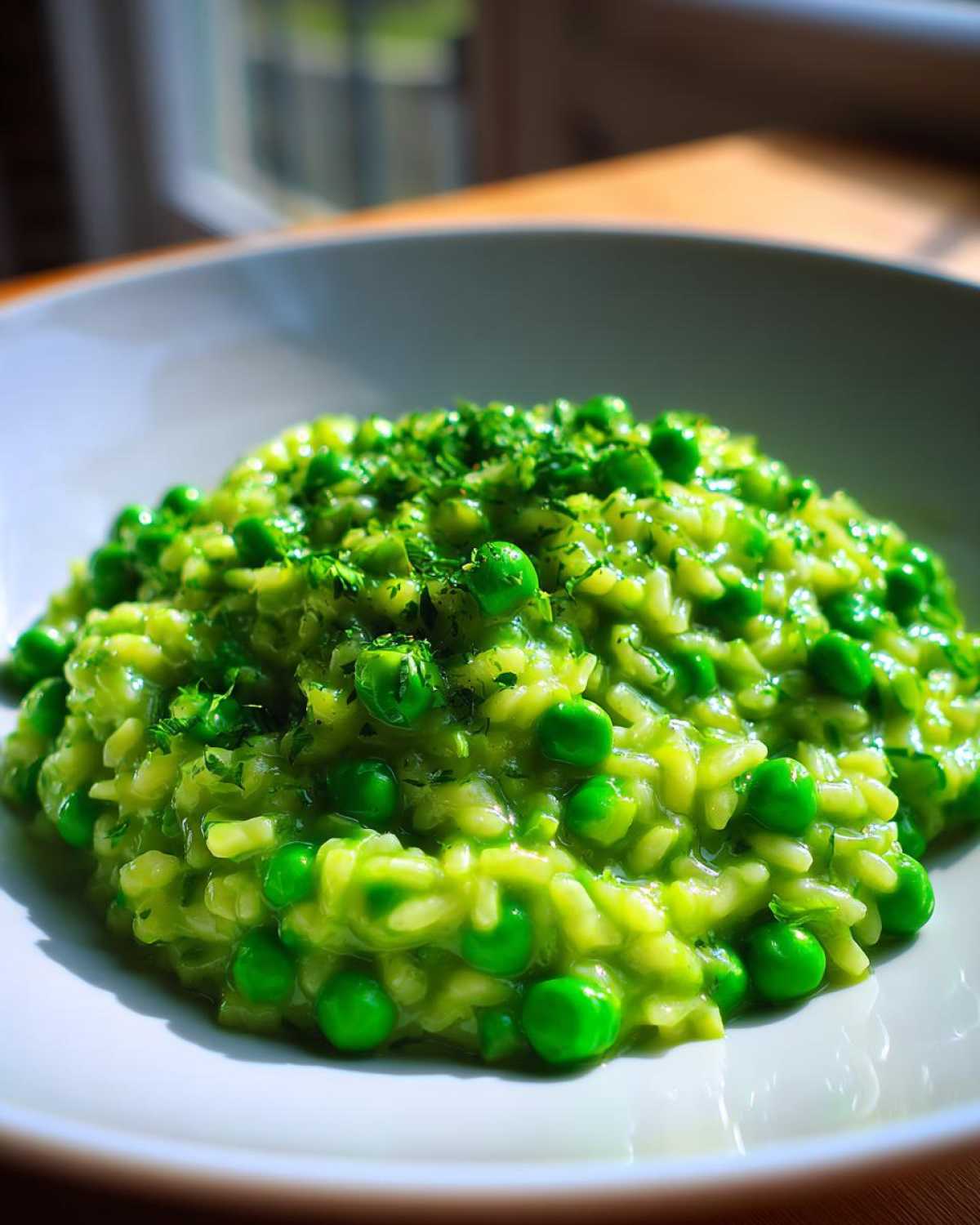 Close-up of creamy Spring Pea and Mint Risotto topped with fresh peas and chopped herbs.