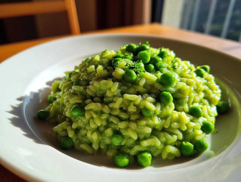 A close-up of creamy, bright green Spring Pea and Mint Risotto topped with whole peas and fresh herbs on a white plate.