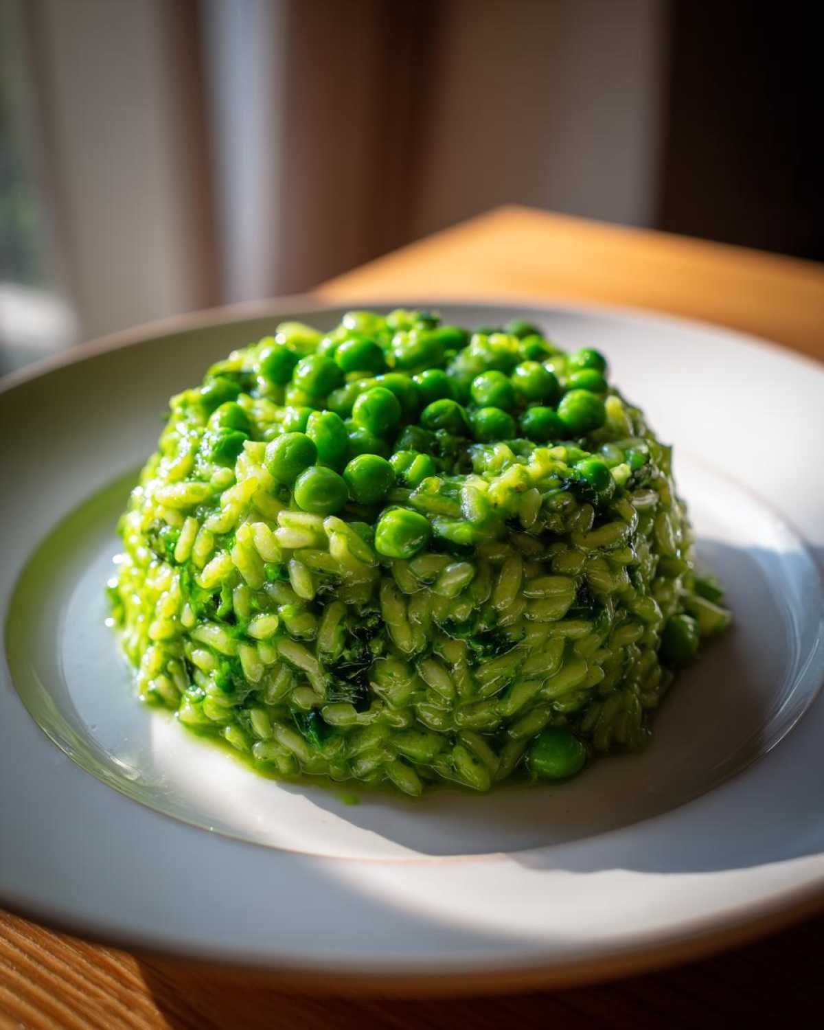 A perfectly molded serving of bright green Spring Pea and Mint Risotto topped with whole peas.