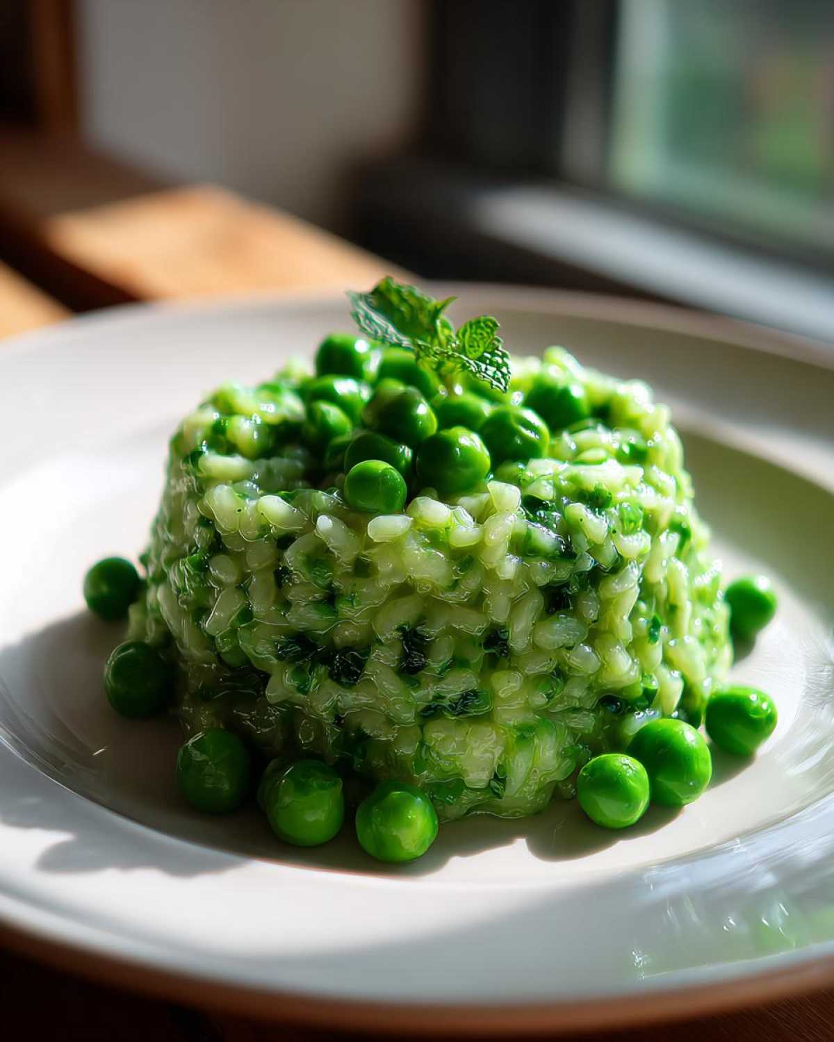 A perfectly molded serving of vibrant green Spring Pea and Mint Risotto topped with fresh peas and mint.