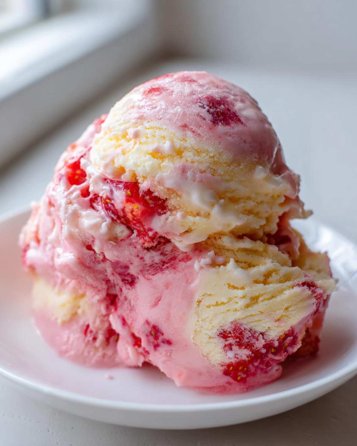 Close-up of a melting scoop of homemade Strawberry Banana Ice Cream with visible strawberry pieces.