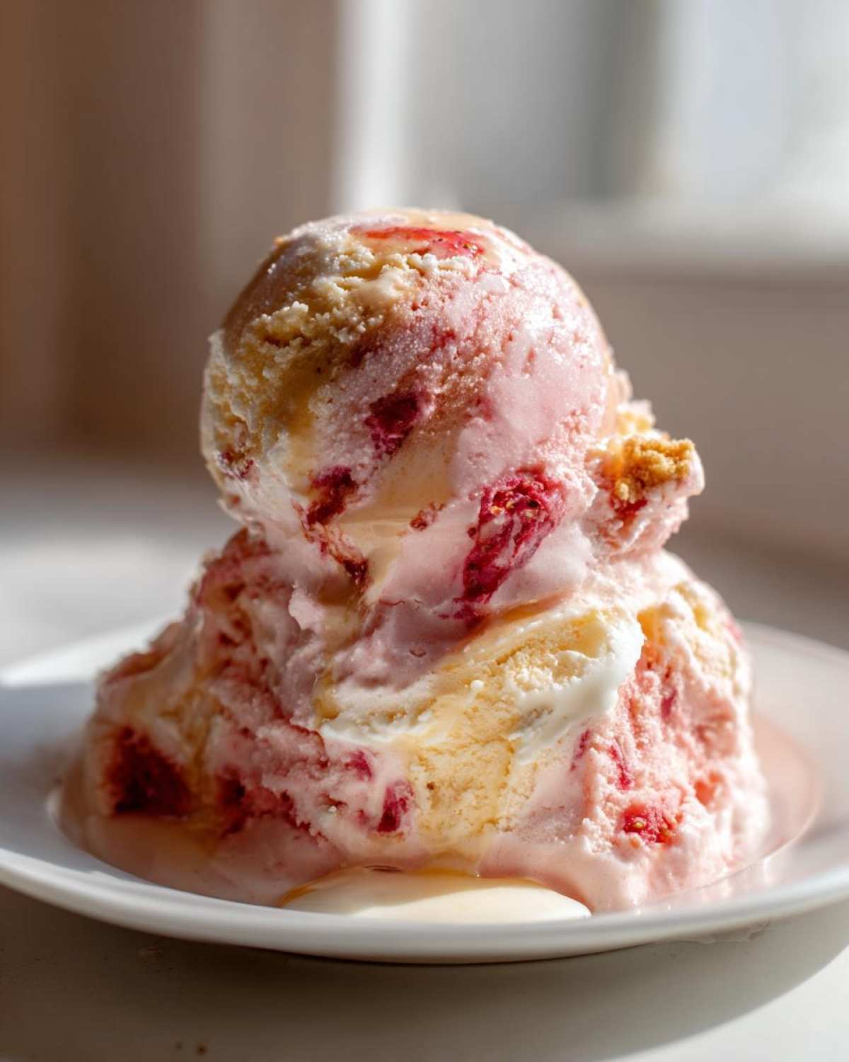 Two scoops of melting Strawberry Banana Ice Cream showing streaks of pink from strawberries and yellow from banana on a white plate.