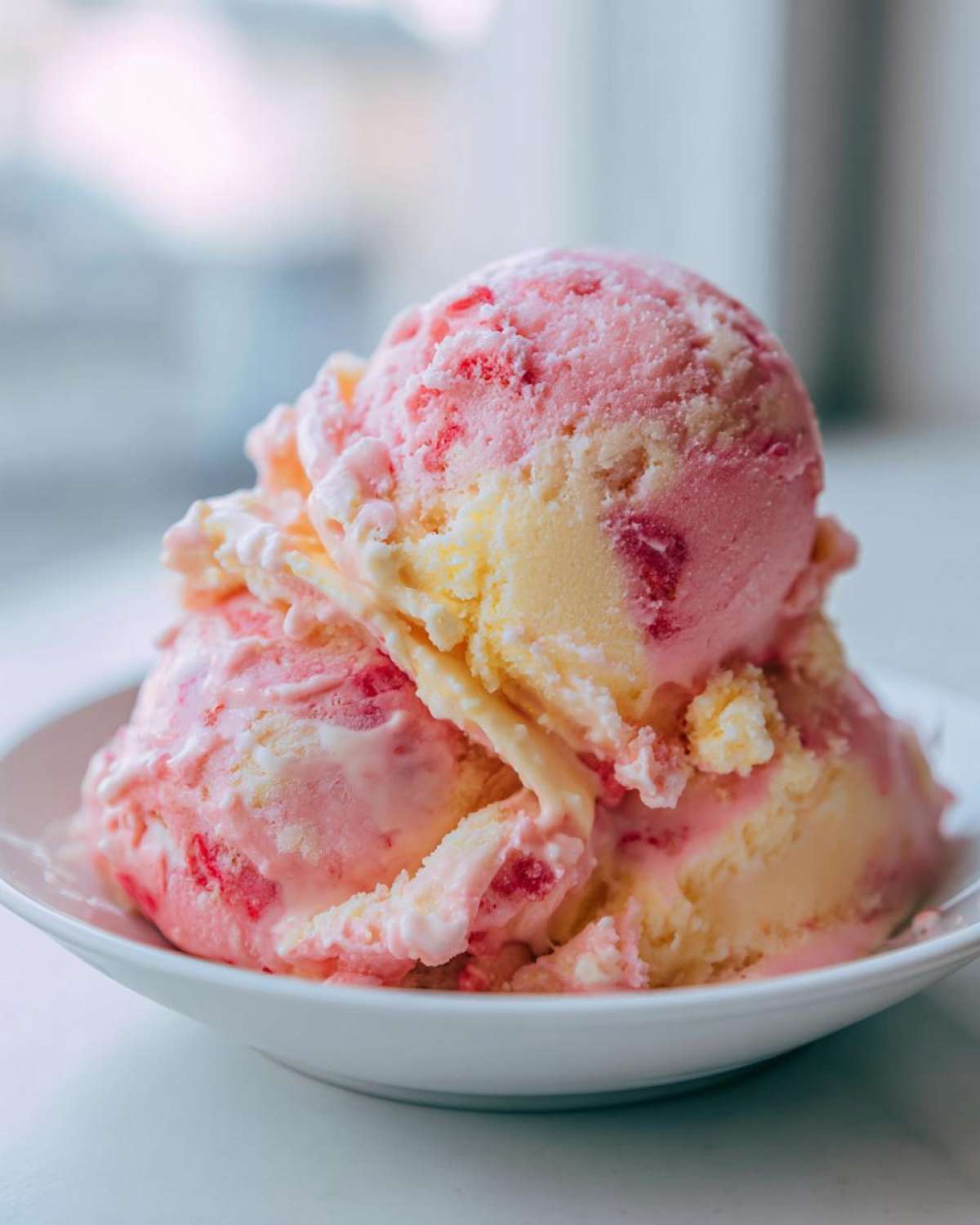 Close-up of three scoops of swirled pink and yellow Strawberry Banana Ice Cream melting slightly in a white bowl.
