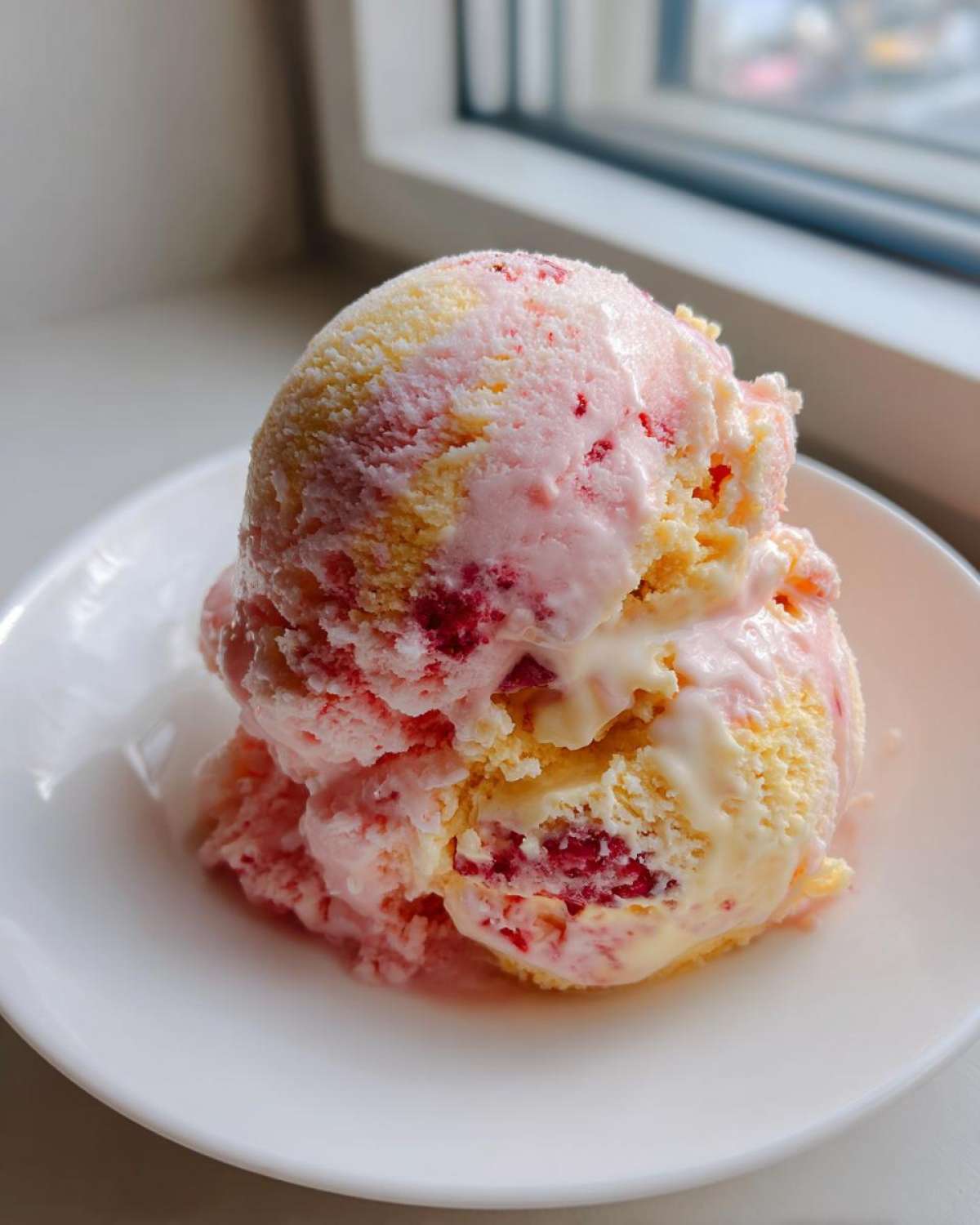 Two scoops of swirled pink and yellow Strawberry Banana Ice Cream melting slightly on a white plate.