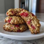 A stack of three Strawberry Oatmeal Breakfast Cookies on a white plate, with one cookie broken in half showing the interior texture.