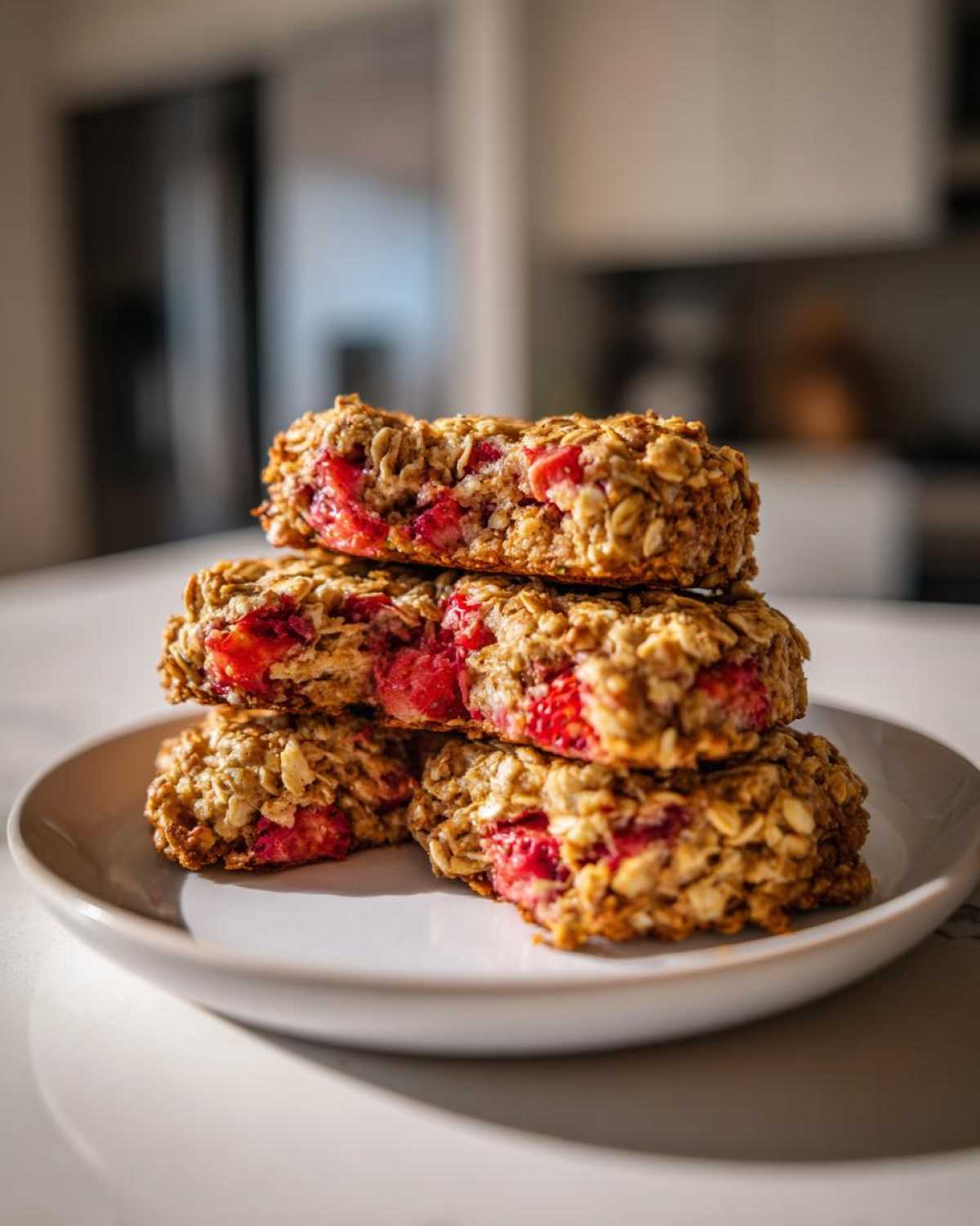 A stack of three moist Strawberry Oatmeal Breakfast Cookies filled with visible chunks of bright red strawberries.