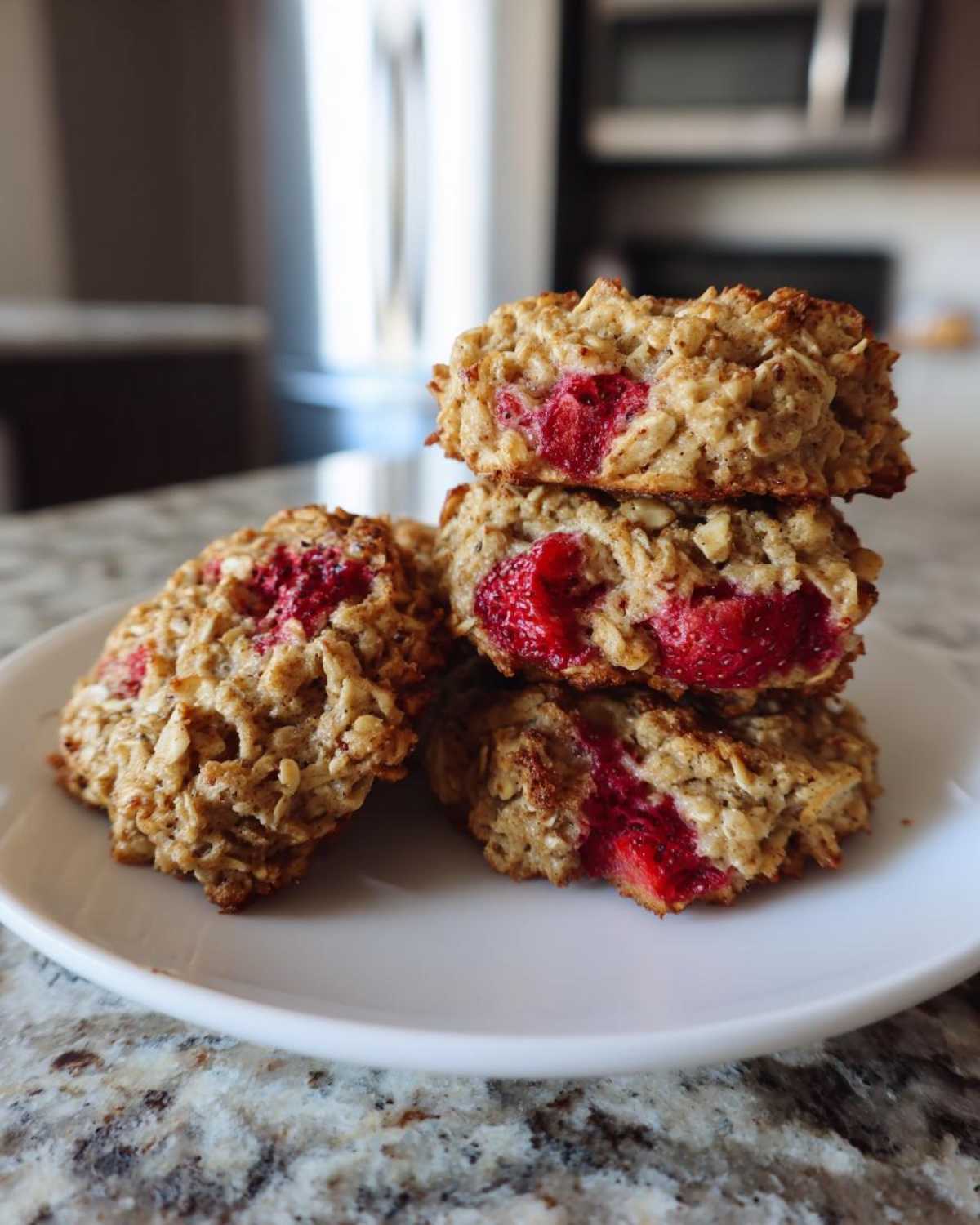 A stack of four soft Strawberry Oatmeal Breakfast Cookies featuring visible chunks of bright red strawberries on a white plate.