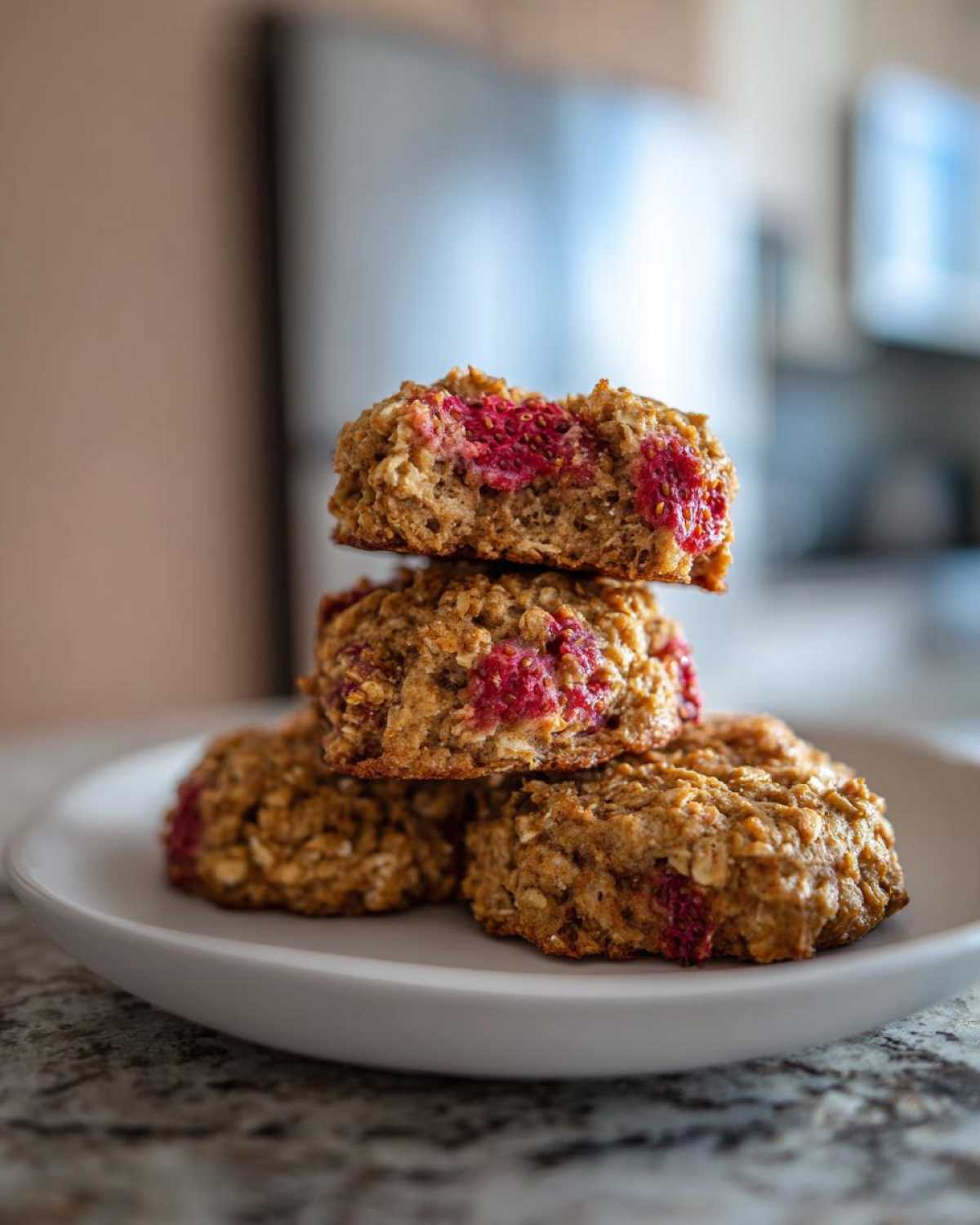 A stack of four soft Strawberry Oatmeal Breakfast Cookies featuring visible chunks of bright red fruit on a white plate.