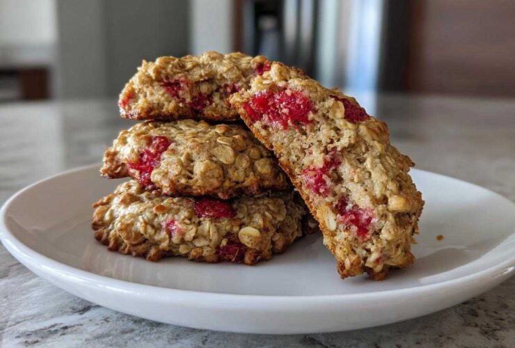 A stack of three Strawberry Oatmeal Breakfast Cookies on a white plate, with one cookie broken in half showing the interior texture.