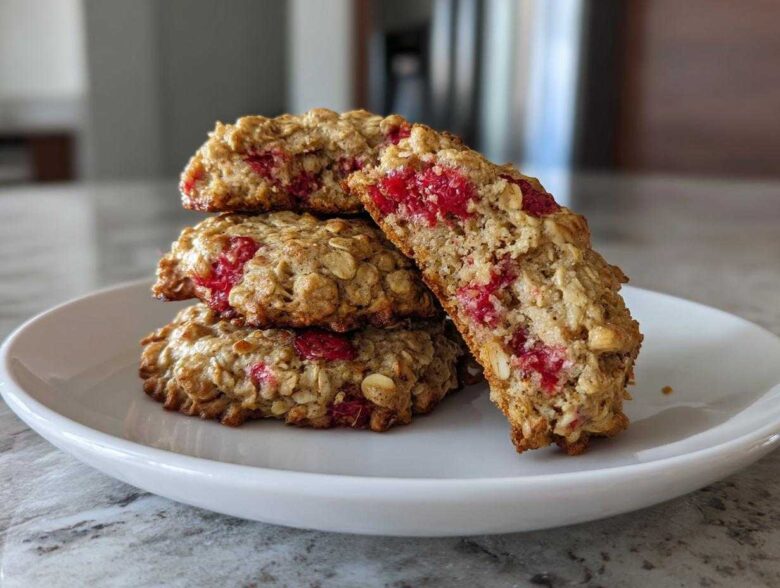 A stack of three Strawberry Oatmeal Breakfast Cookies on a white plate, with one cookie broken in half showing the interior texture.