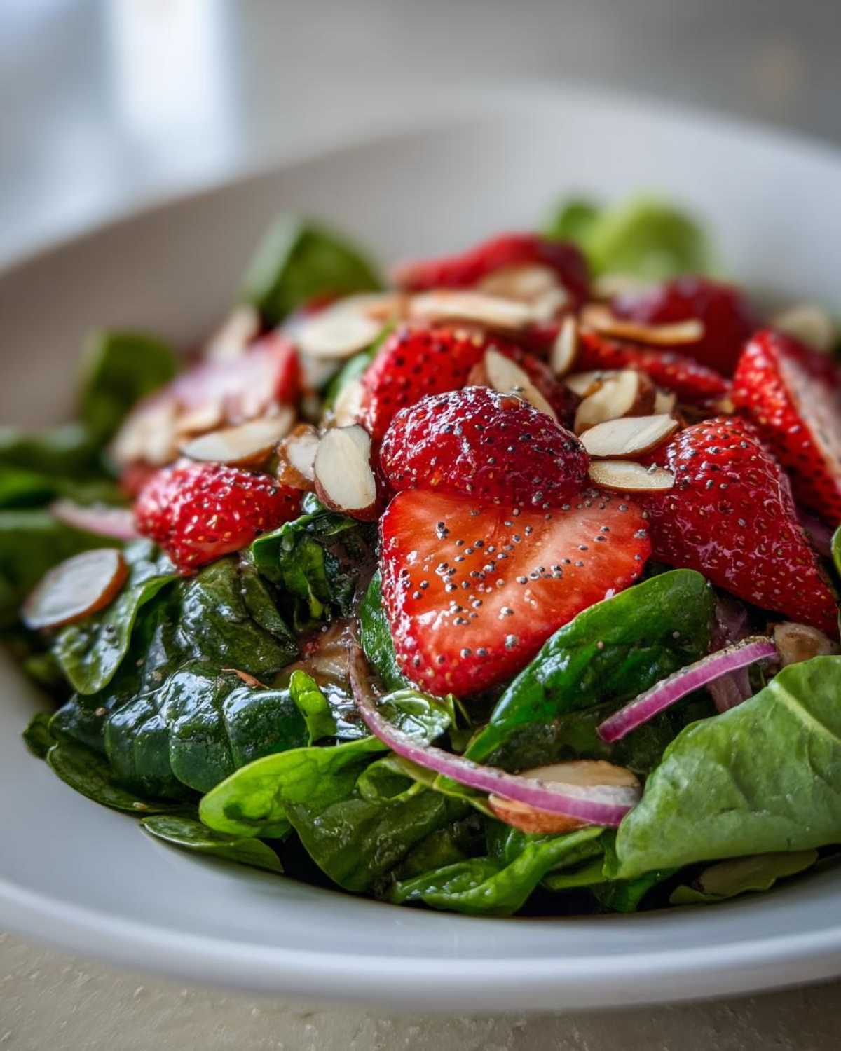 Close-up of a vibrant Strawberry Spinach Salad with sliced strawberries, slivered almonds, and red onion.