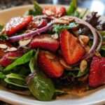 Close-up of a vibrant Strawberry Spinach Salad with sliced strawberries, red onion, and almonds, coated in dressing.