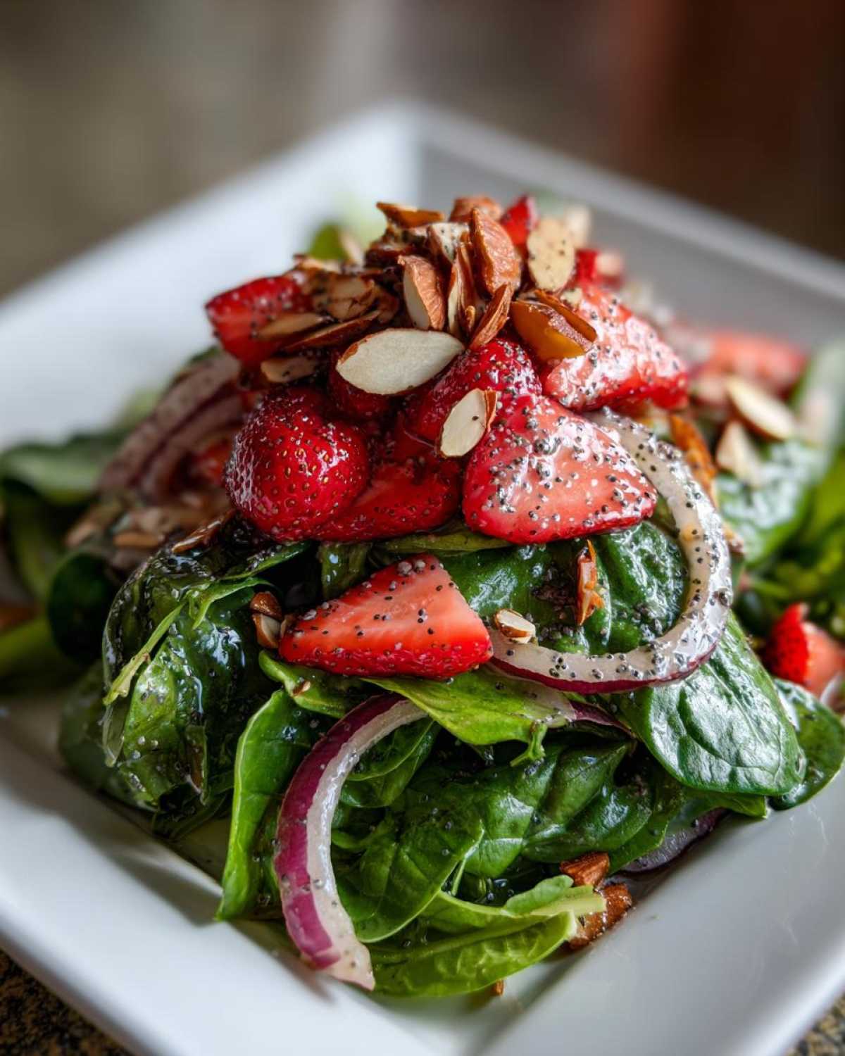 Close-up of a vibrant Strawberry Spinach Salad topped with sliced strawberries, red onion, and toasted almonds.