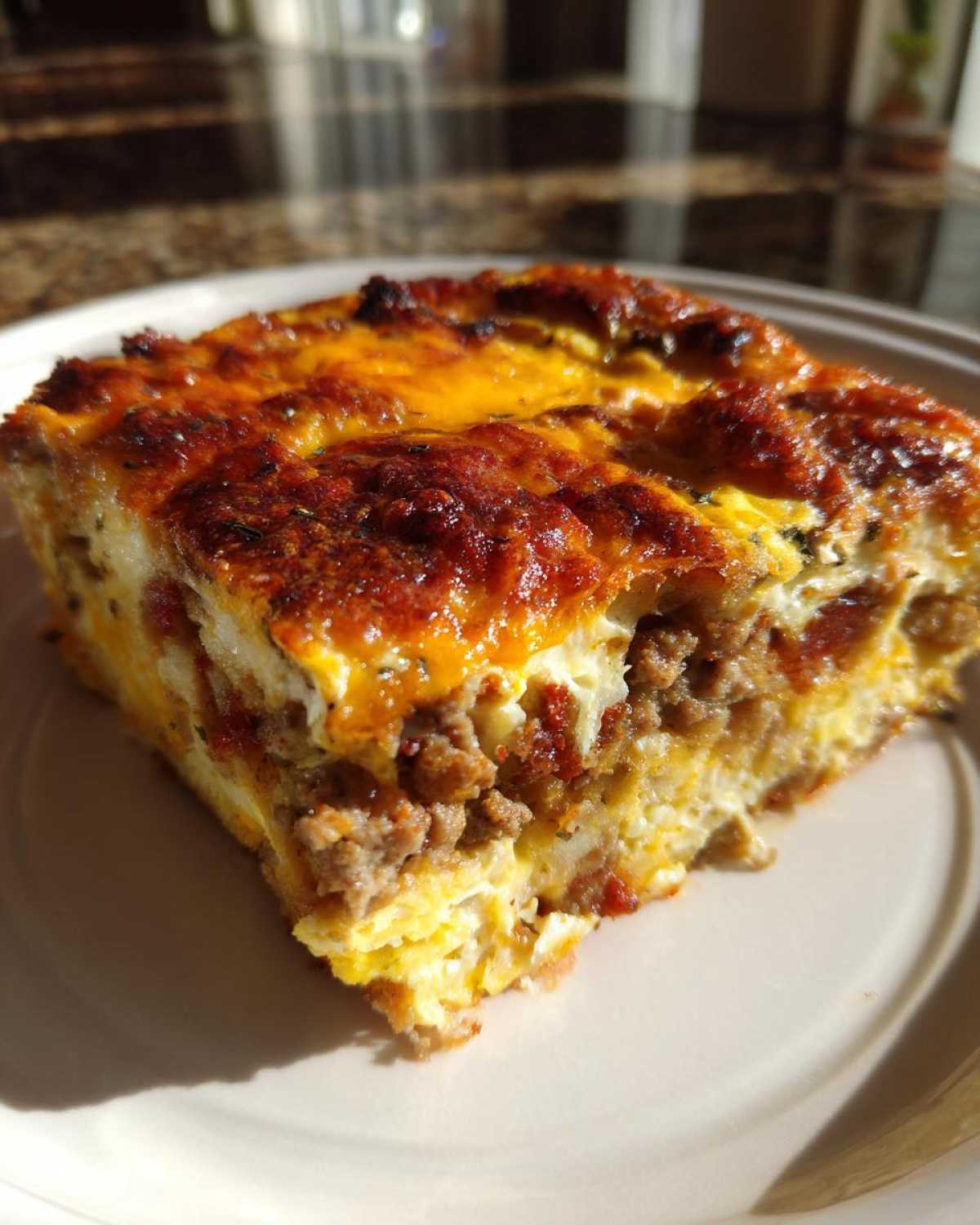 Close-up of a hearty slice of Tater Tot Breakfast Casserole showing layers of eggs, sausage, and melted, browned cheese topping.