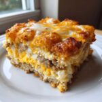 A square serving of Tater Tot Breakfast Casserole featuring layers of sausage, egg, and a crispy, cheesy tater tot topping.