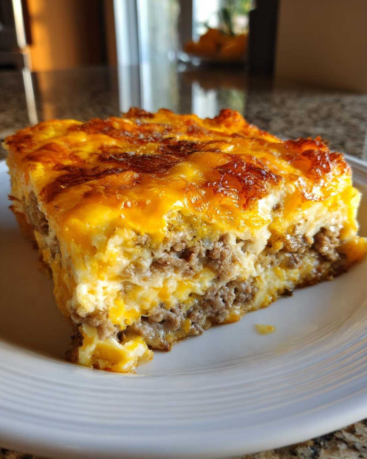 A close-up slice of Tater Tot Breakfast Casserole featuring layers of sausage, egg, and melted cheddar cheese.