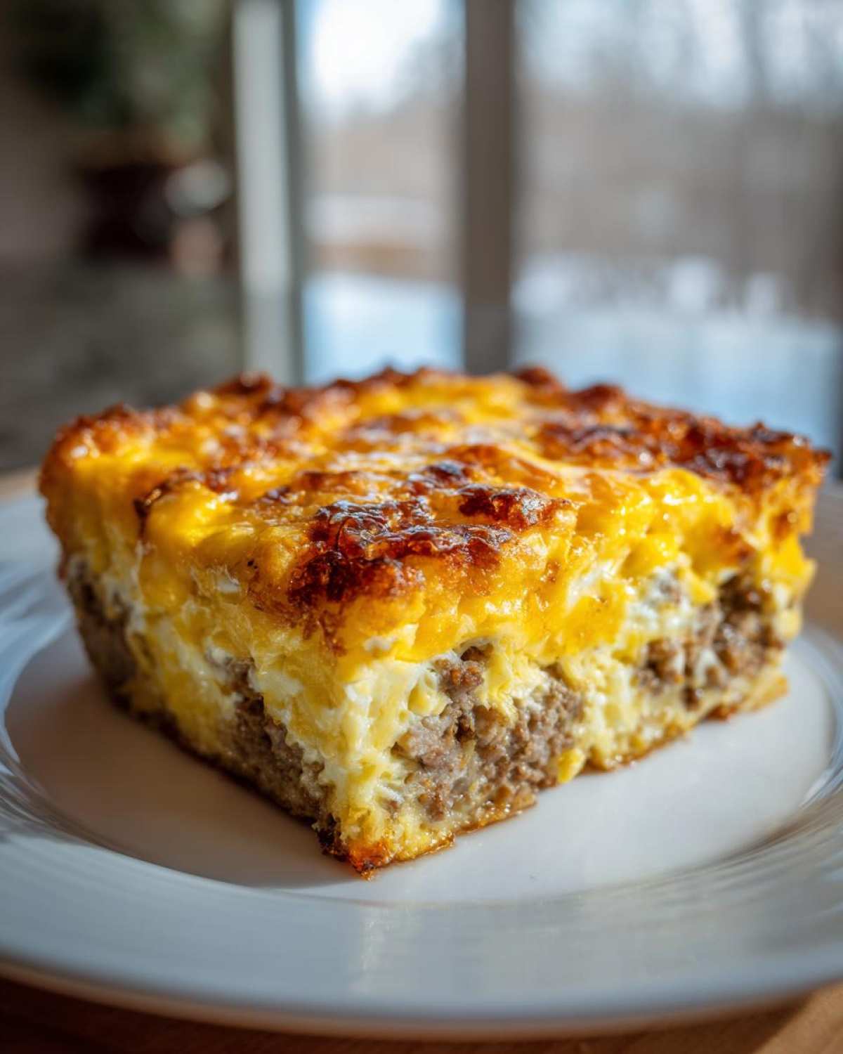 Close-up of a square slice of Tater Tot Breakfast Casserole with browned cheese topping on a white plate.
