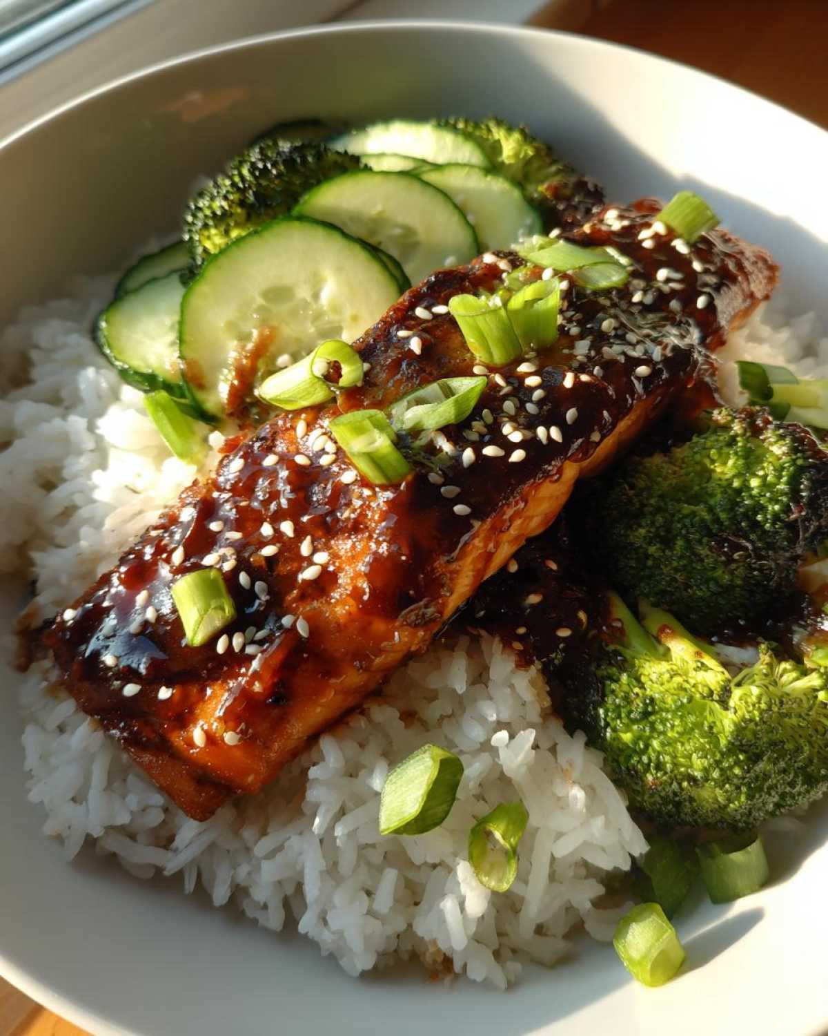 A close-up of a Teriyaki Salmon Rice Bowls featuring glazed salmon over white rice with broccoli and cucumber slices.