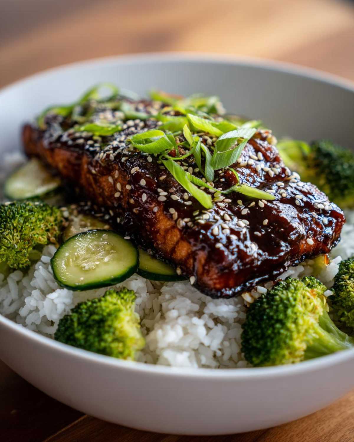 Close-up of a Teriyaki Salmon Rice Bowl featuring glazed salmon over white rice with broccoli and cucumber.
