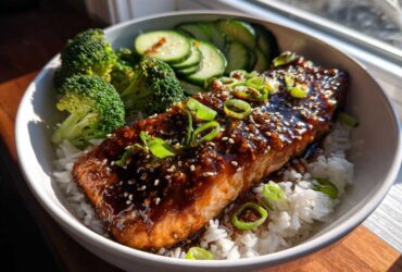 A close-up of a Teriyaki Salmon Rice Bowls serving featuring glazed salmon over white rice with broccoli and cucumbers.