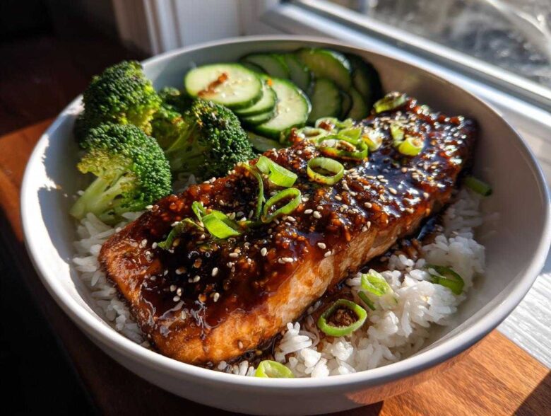 A close-up of a Teriyaki Salmon Rice Bowls serving featuring glazed salmon over white rice with broccoli and cucumbers.