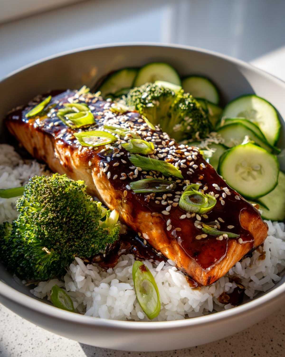 Close-up of a Teriyaki Salmon Rice Bowls serving with glazed salmon, rice, broccoli, and cucumber.