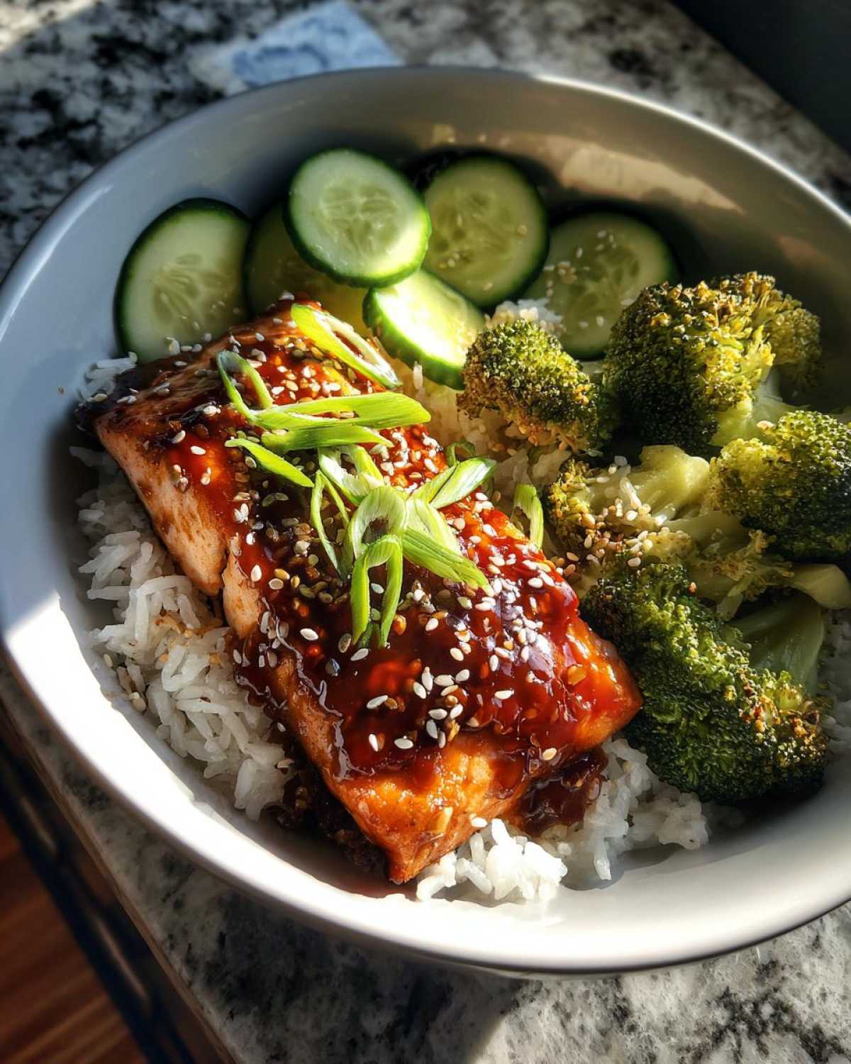 Close-up of a Teriyaki Salmon Rice Bowls serving with glazed salmon, rice, broccoli, and cucumber slices.