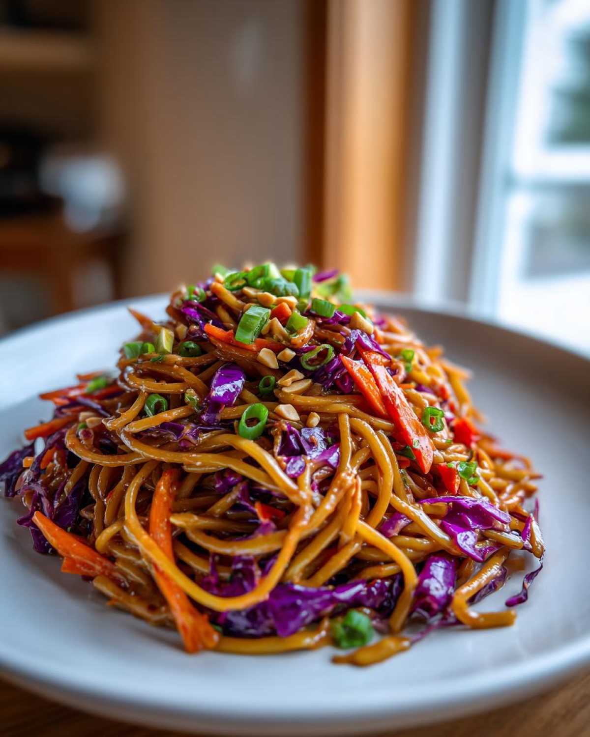 A mound of glossy Thai Peanut Noodles with crunchy red cabbage, carrots, and green onions.