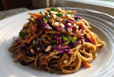 A serving of creamy Thai Peanut Noodles with Crunchy Veggies, topped with chopped peanuts and green onions on a white plate.