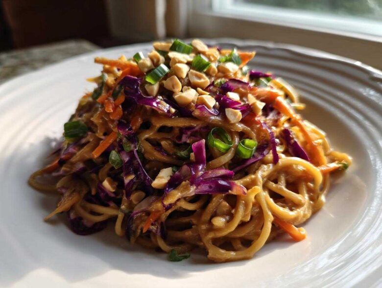A serving of creamy Thai Peanut Noodles with Crunchy Veggies, topped with chopped peanuts and green onions on a white plate.