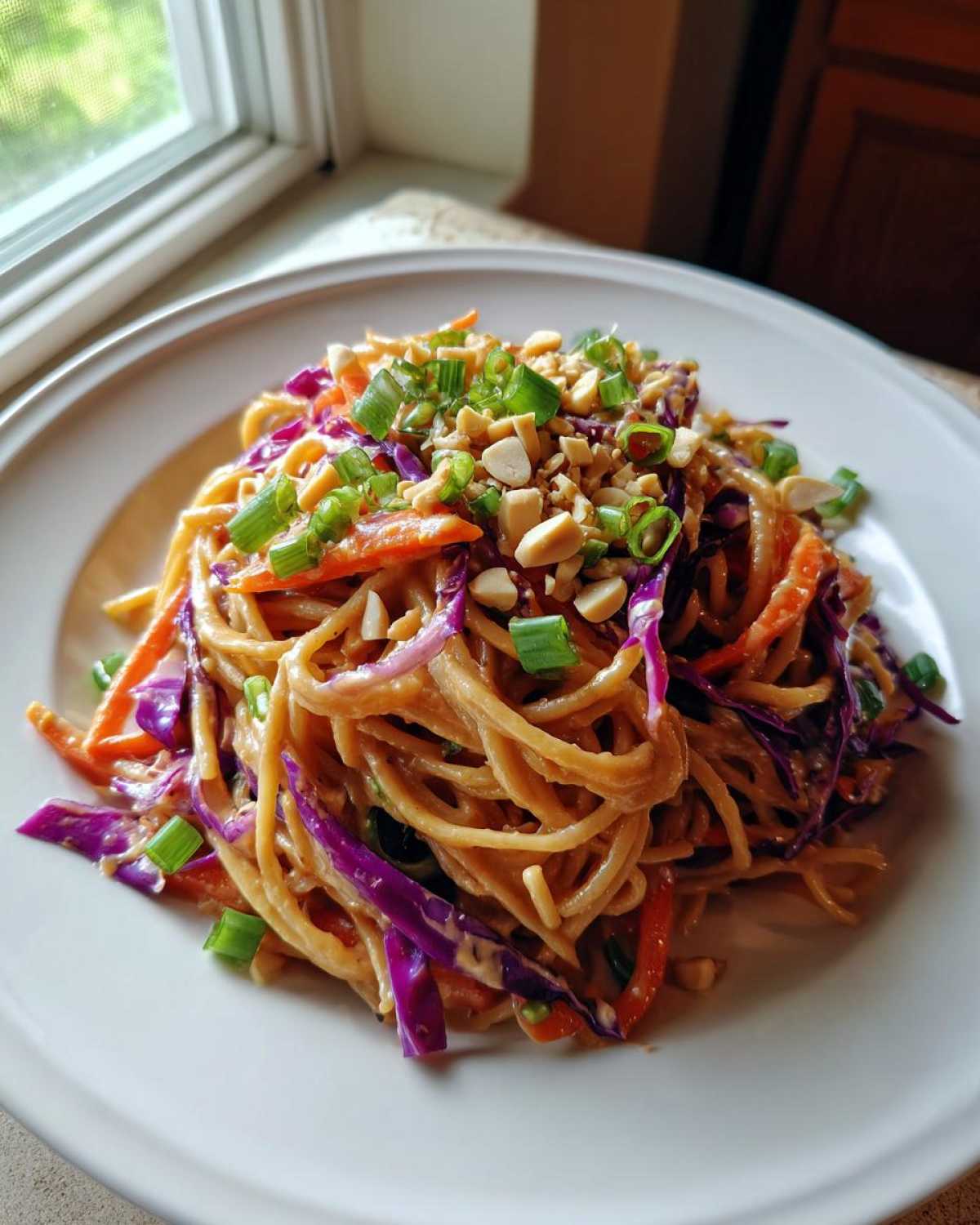 A serving of Thai Peanut Noodles with Crunchy Veggies, topped with peanuts and green onions on a white plate.