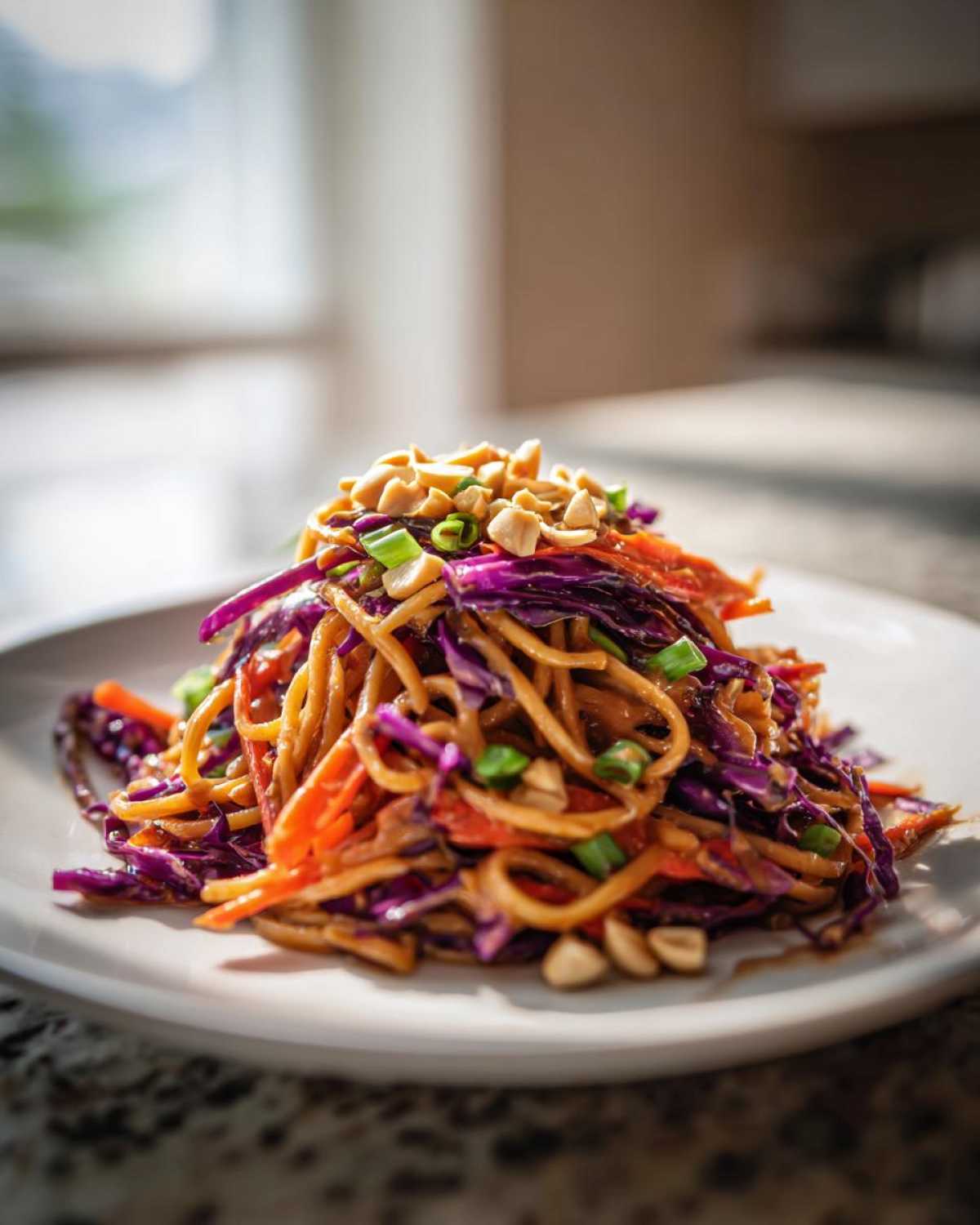 A mound of Thai Peanut Noodles with Crunchy Veggies, featuring noodles coated in peanut sauce, shredded purple cabbage, carrots, and topped with peanuts.