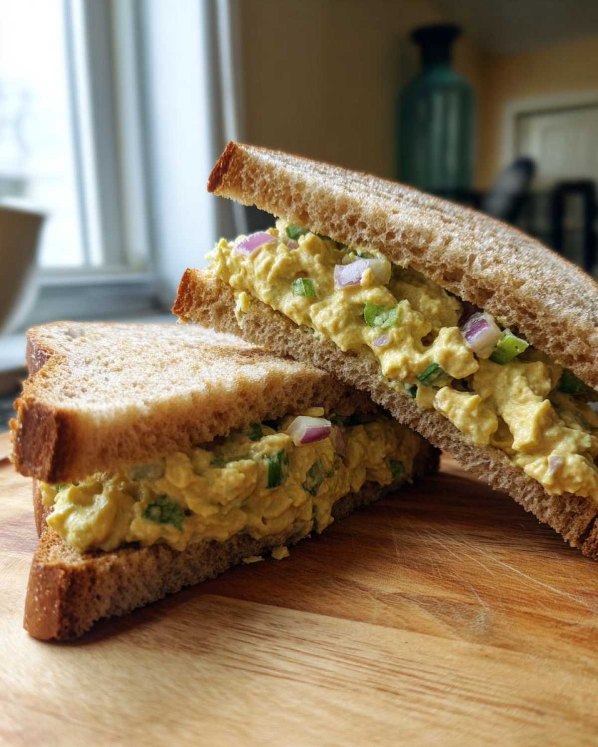 A close-up of a Vegan Chickpea Salad Sandwich, cut in half diagonally, showing the creamy yellow filling with red onion on whole wheat bread.