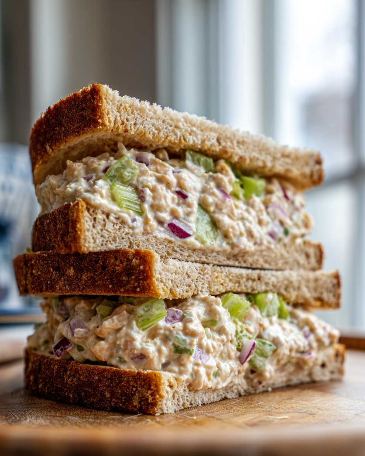 A tall stack of two halves of a Vegan Chickpea Salad Sandwich made with whole wheat bread, showing creamy filling with celery and red onion.