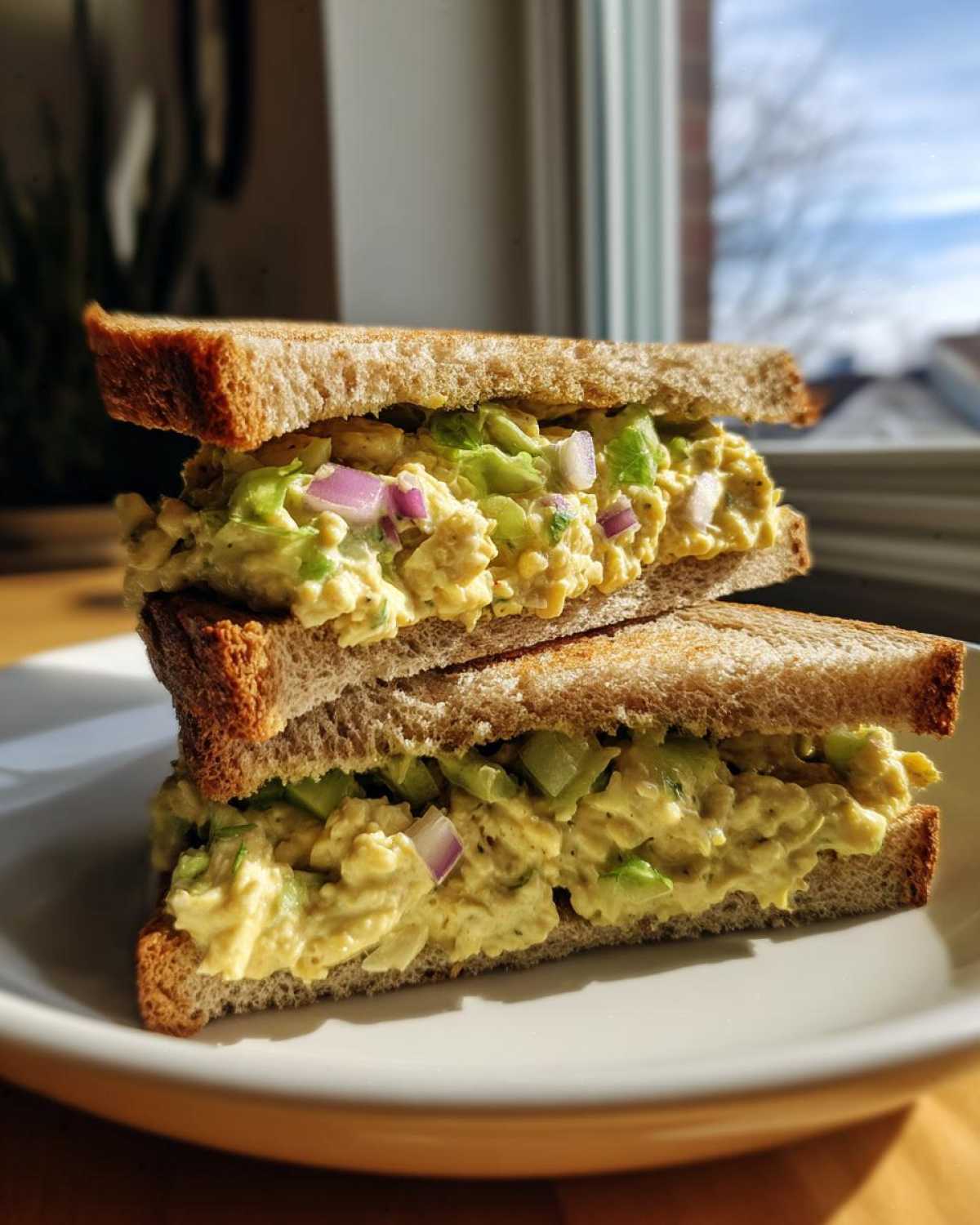 Two halves of a Vegan Chickpea Salad Sandwich stacked on a white plate, showing creamy filling with celery and red onion.