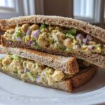 Two halves of a Vegan Chickpea Salad Sandwich stacked on a white plate, showing creamy filling with chickpeas, celery, and red onion.