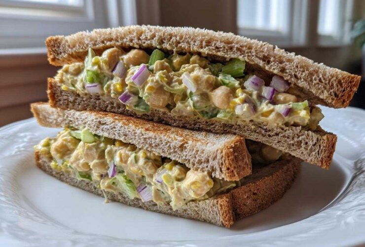 Two halves of a Vegan Chickpea Salad Sandwich stacked on a white plate, showing creamy filling with chickpeas, celery, and red onion.