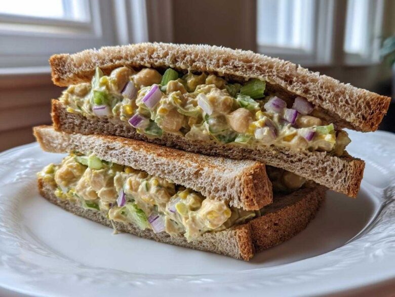 Two halves of a Vegan Chickpea Salad Sandwich stacked on a white plate, showing creamy filling with chickpeas, celery, and red onion.