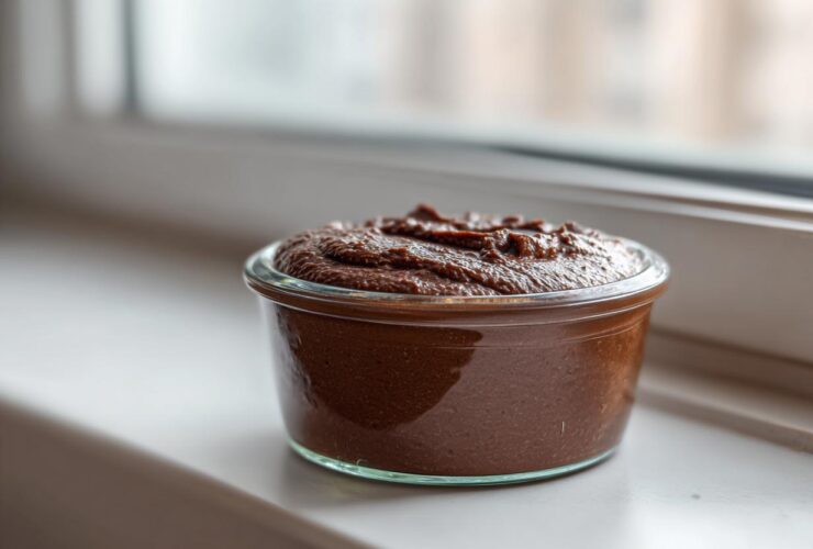 A serving of rich Vegan Chocolate Avocado Mousse in a small glass jar sitting on a white windowsill.