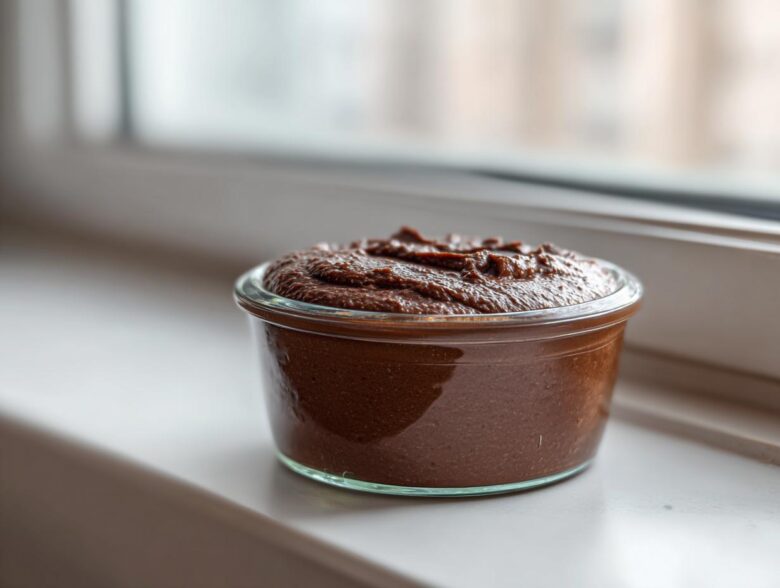 A serving of rich Vegan Chocolate Avocado Mousse in a small glass jar sitting on a white windowsill.