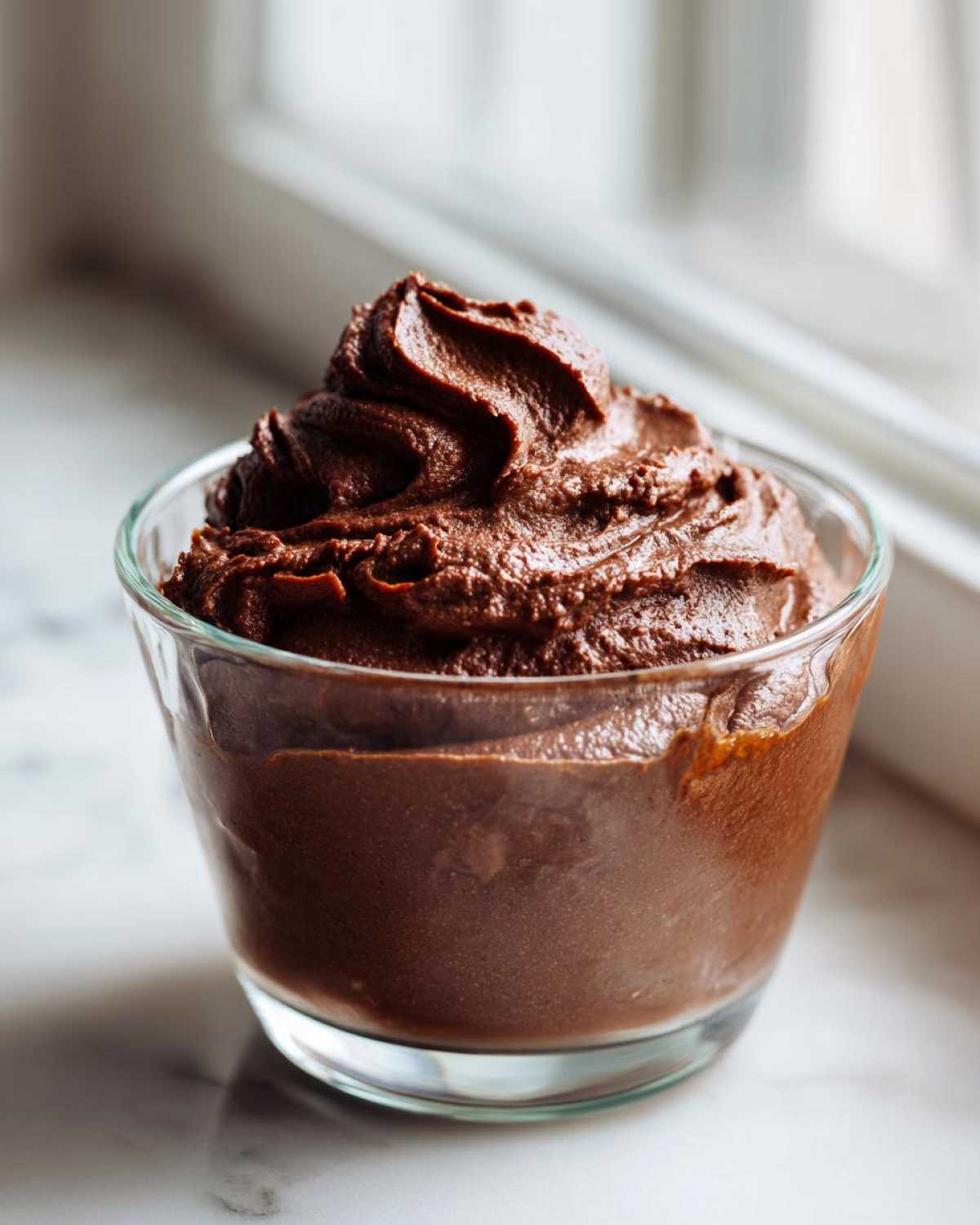 A serving of rich, dark Vegan Chocolate Avocado Mousse piped high in a small clear glass.