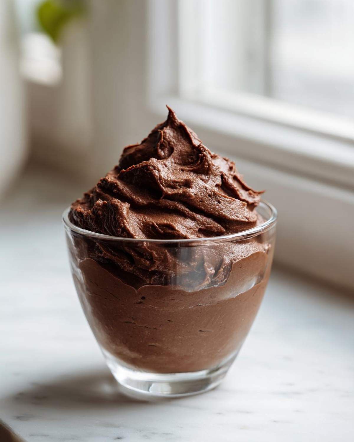 A serving of rich, dark Vegan Chocolate Avocado Mousse piped high in a clear glass cup.