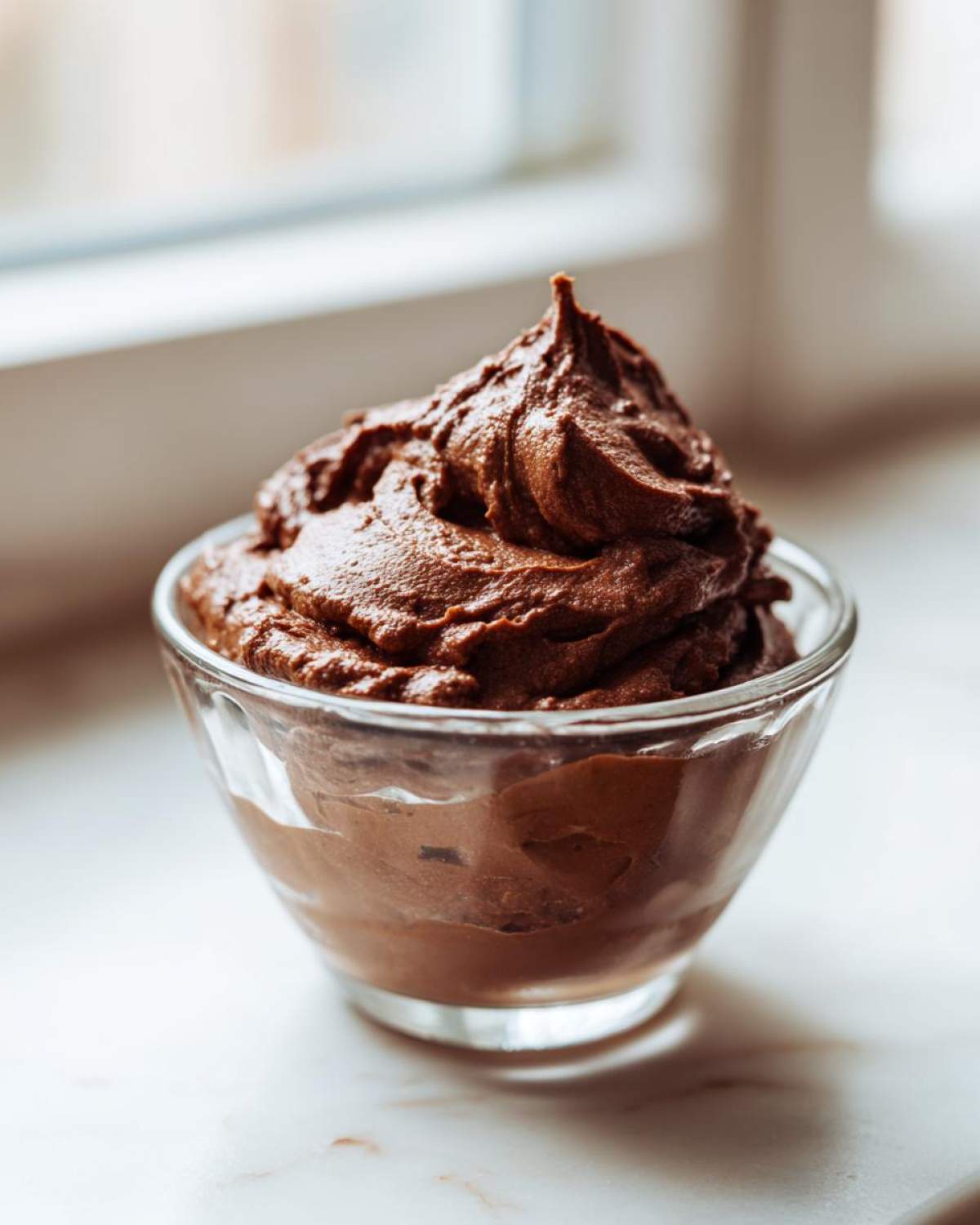 A serving of rich, dark Vegan Chocolate Avocado Mousse piped high in a small clear glass dish.