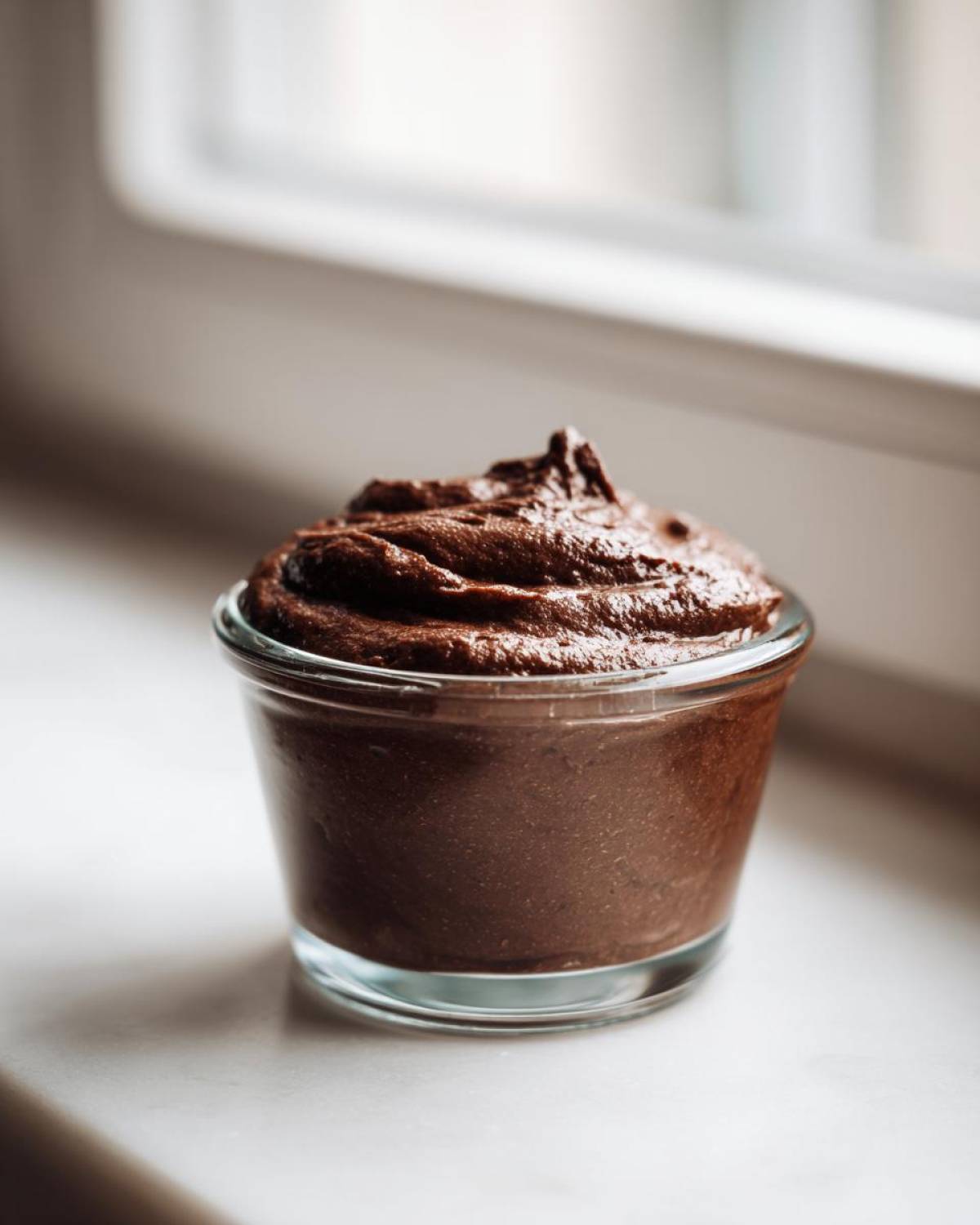 A single serving of rich, dark Vegan Chocolate Avocado Mousse in a small glass ramekin, set against a bright window background.