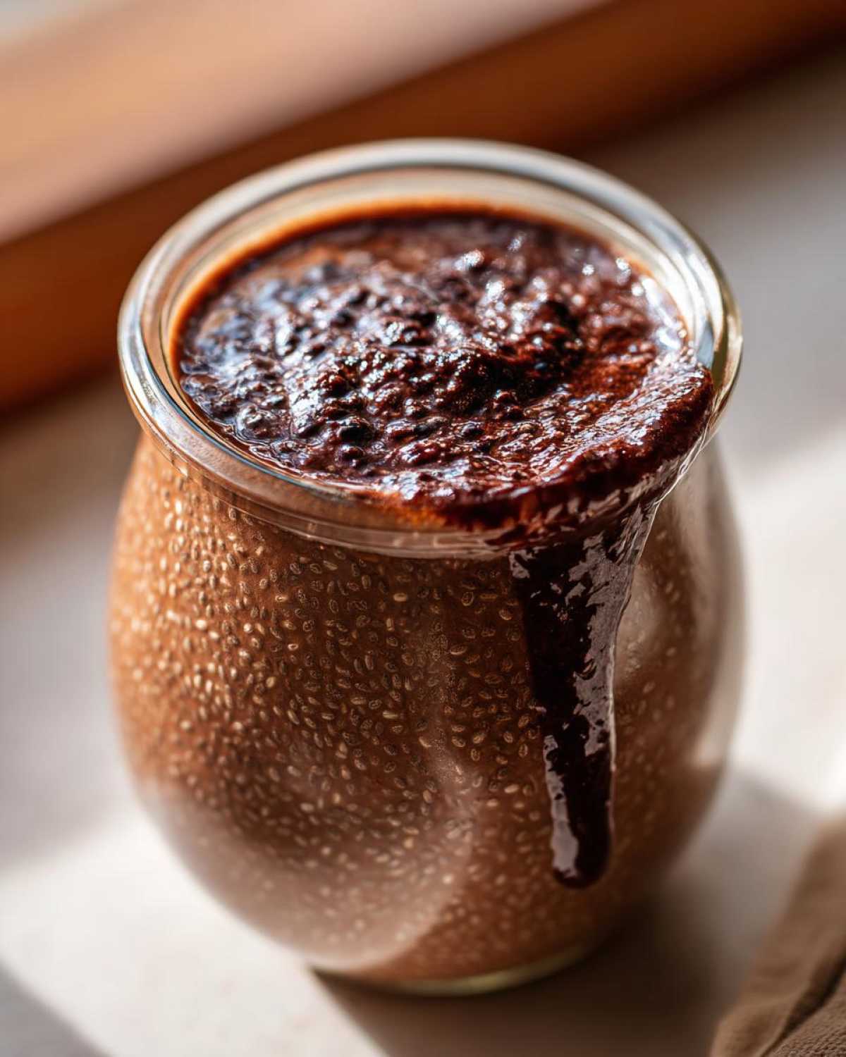 Close-up of creamy Vegan Chocolate Chia Pudding in a glass jar with a thick chocolate topping dripping down the side.