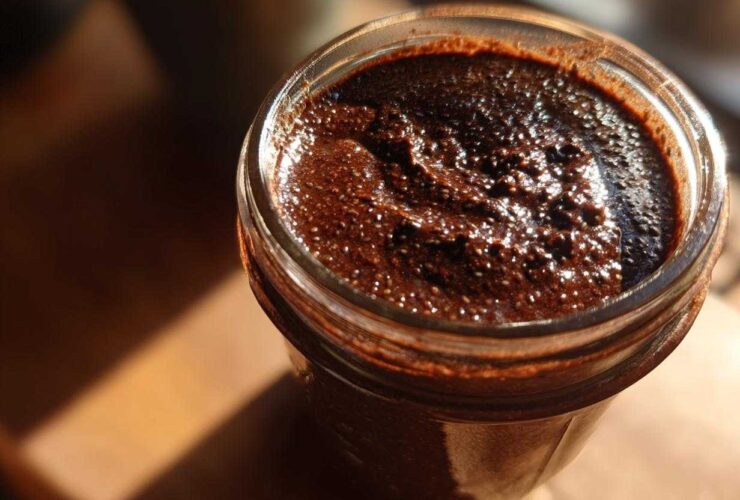 Overhead close-up of thick, dark Vegan Chocolate Chia Pudding texture in a glass jar.