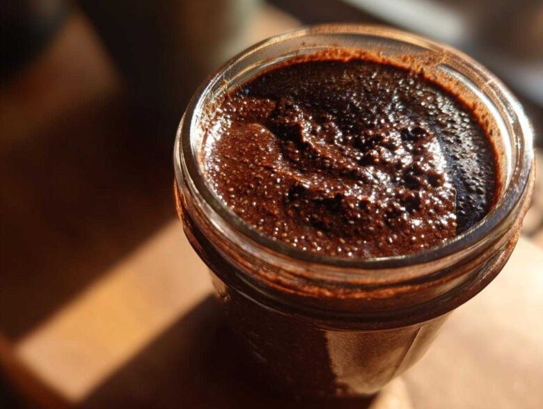 Overhead close-up of thick, dark Vegan Chocolate Chia Pudding texture in a glass jar.