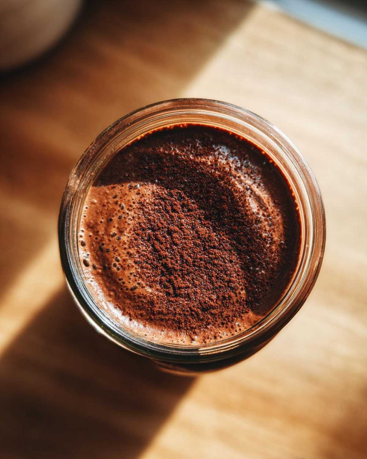 Overhead shot of creamy Vegan Chocolate Chia Pudding topped with cocoa powder in a glass jar.