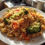 A close-up of a white plate piled high with flavorful Vegetable Fried Rice with Sesame Ginger Sauce, featuring broccoli and carrots.